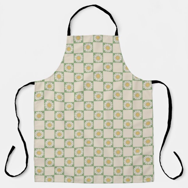 Green Aesthetic Chequered Sunflower Y2K Pattern Apron (Front)