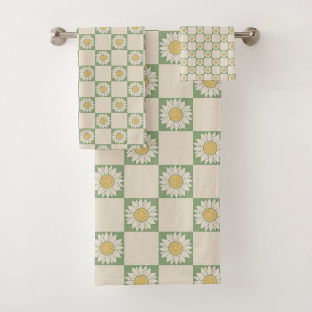 Green Aesthetic Chequered Sunflower Y2K Pattern Bath Towel Set (Insitu)