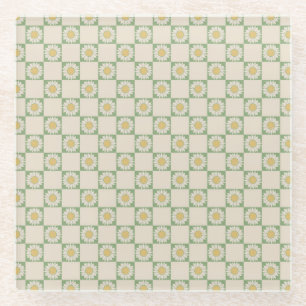 Green Aesthetic Chequered Sunflower Y2K Pattern Glass Coaster