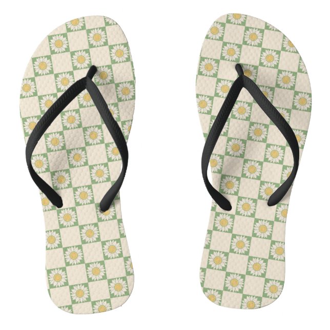 Green Aesthetic Chequered Sunflower Y2K Pattern Jandals (Footbed)