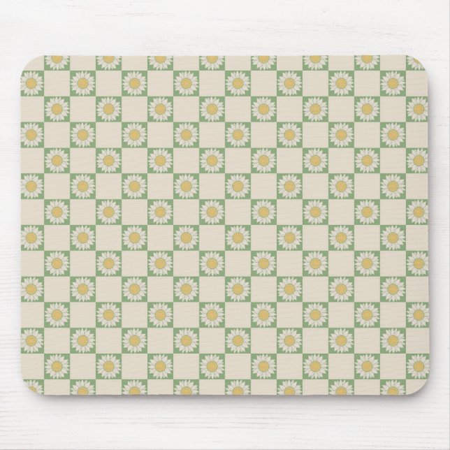 Green Aesthetic Chequered Sunflower Y2K Pattern Mouse Pad (Front)