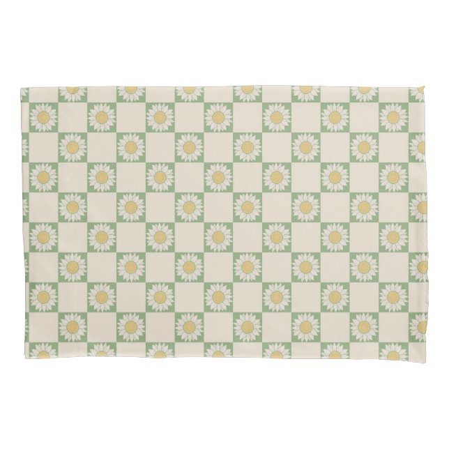 Green Aesthetic Chequered Sunflower Y2K Pattern Pillowcase (Front)