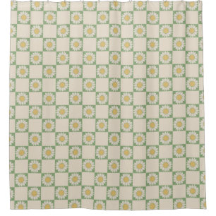 Green Aesthetic Chequered Sunflower Y2K Pattern Shower Curtain