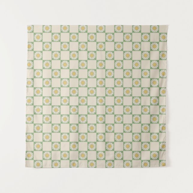 Green Aesthetic Chequered Sunflower Y2K Pattern Tapestry (Front)