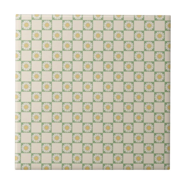 Green Aesthetic Chequered Sunflower Y2K Pattern Tile (Front)