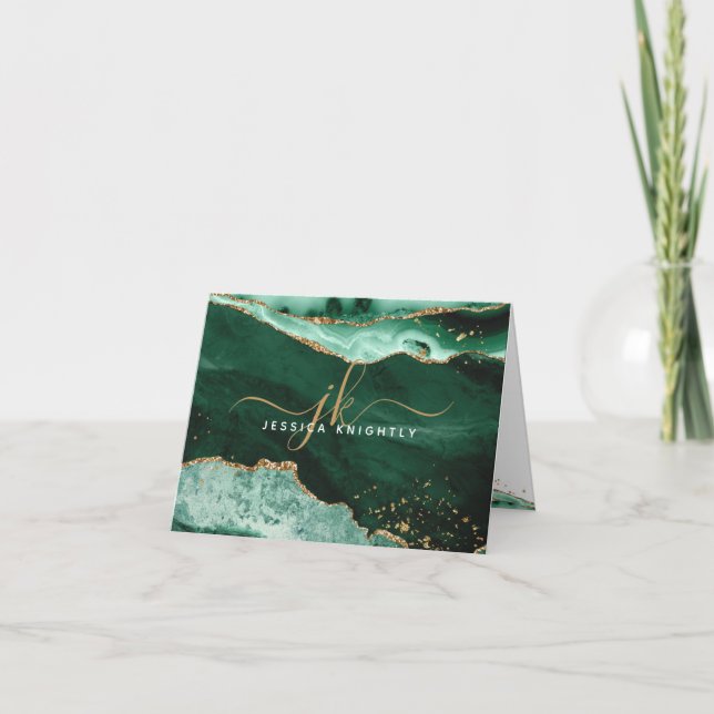 Green Agate Geode Gold Glitter Monogram Script Note Card (Front)