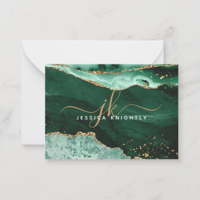 Green Agate Geode Gold Glitter Script Monogram Card (Front)