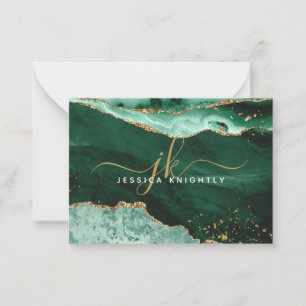 Green Agate Geode Gold Glitter Script Monogram Card