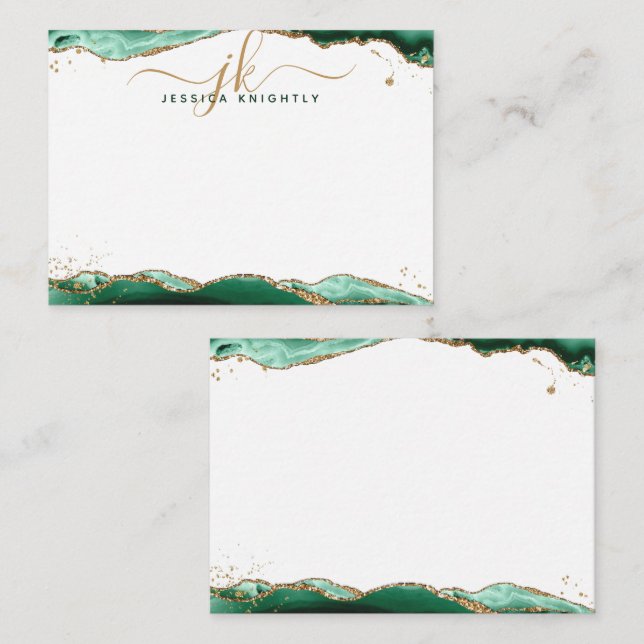 Green Agate Geode Script Monogram Gold Glitter Card (Front/Back)