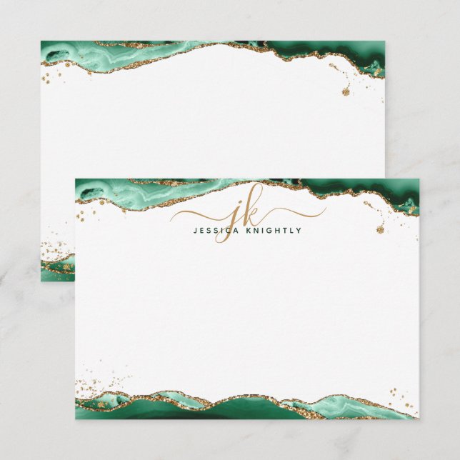 Green Agate Geode Script Monogram Gold Glitter Card (Front/Back)