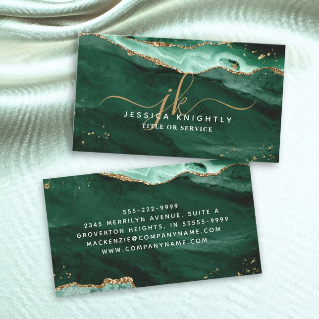 Green Agate Gold Glitter Script Monogram Business Card (Creator Uploaded)