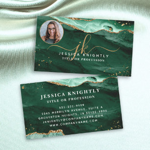 Green Agate Gold Glitter Script Monogram Photo Business Card