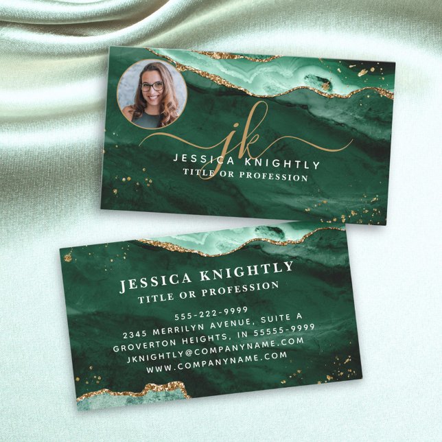 Green Agate Gold Glitter Script Monogram Photo Business Card (Creator Uploaded)