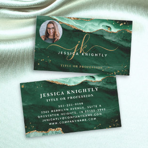 Green Agate Gold Glitter Script Monogram Photo Business Card