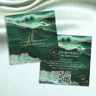 Green Agate Gold Glitter Script Monogram QR Square Business Card