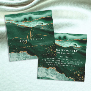 Green Agate Gold Glitter Script Monogram Square Business Card