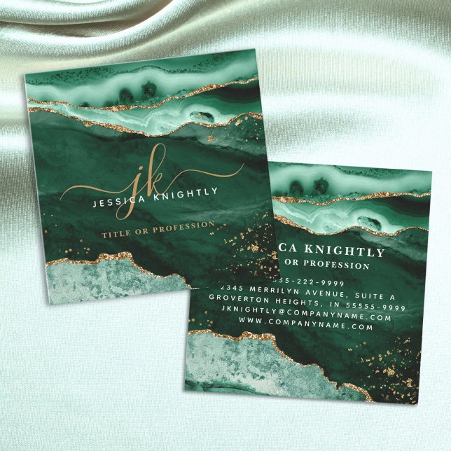 Green Agate Gold Glitter Script Monogram Square Business Card (Creator Uploaded)