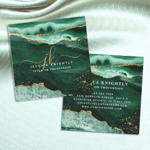 Green Agate Gold Glitter Script Monogram Square Business Card