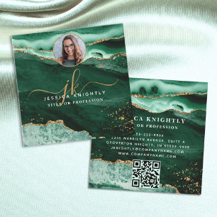 Green Agate Gold Glitter Script Photo QR Square Business Card