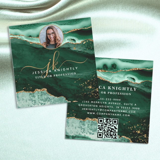 Green Agate Gold Glitter Script Photo QR Square Business Card (Creator Uploaded)
