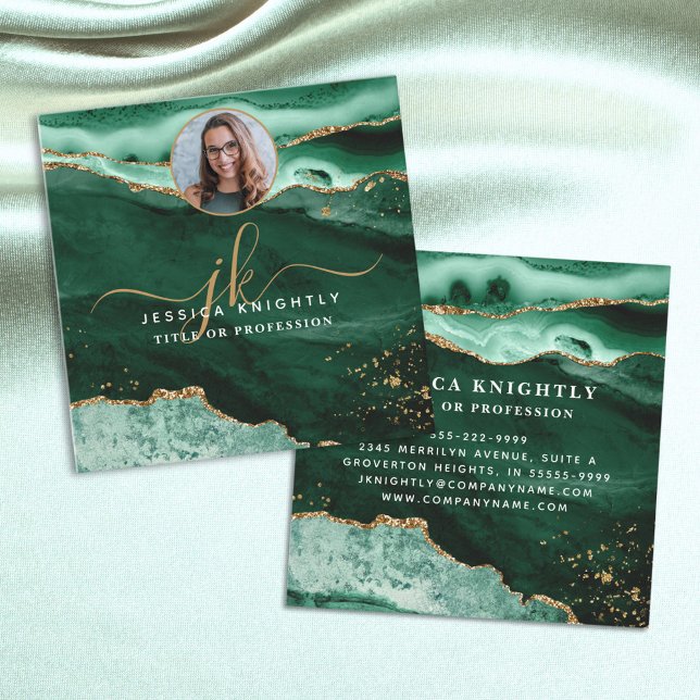Green Agate Gold Glitter Script Photo Square Business Card (Creator Uploaded)