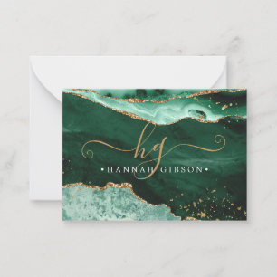 Green Agate Monogram Fancy Script Gold Glitter Card