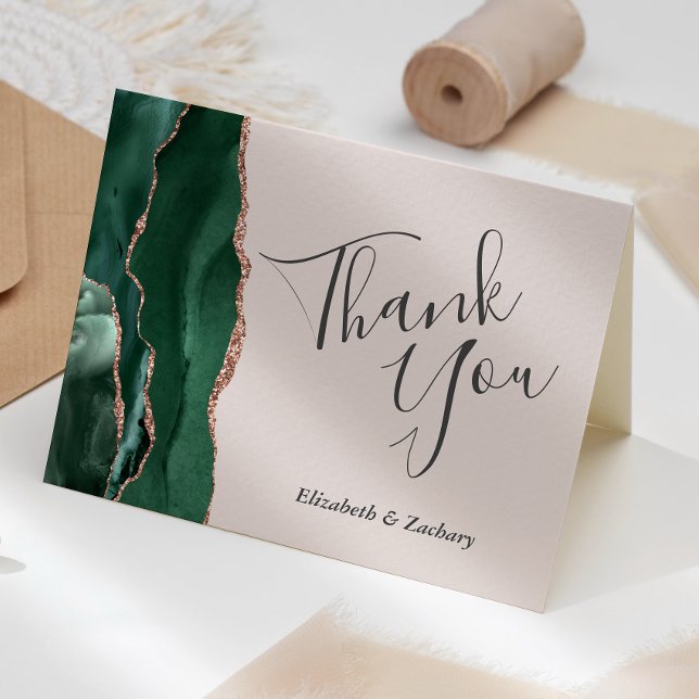 Green Agate Rose Gold Blush Wedding Thank You Card (Creator Uploaded)