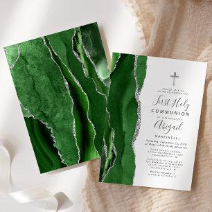 Green Agate Silver Glitter First Holy Communion Invitation