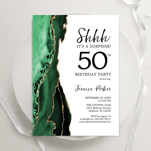 Green Agate White Gold Surprise 50th Birthday Invitation (Creator Uploaded)