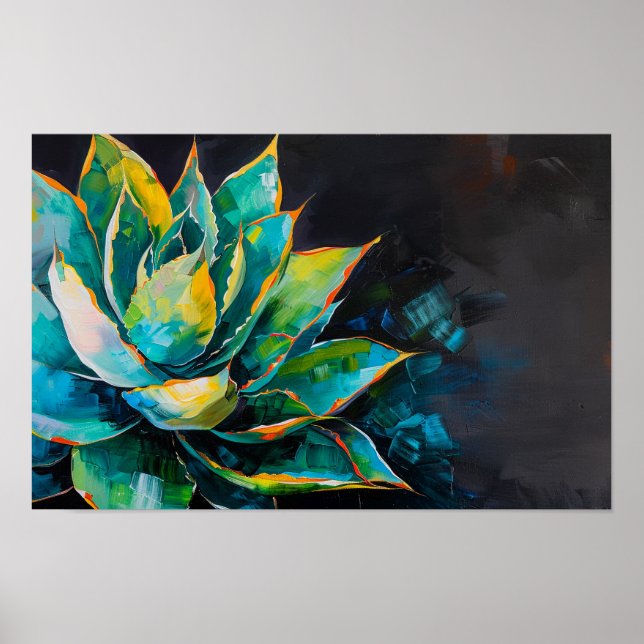 Green Agave Cactus Southwest Painting Black Poster (Front)