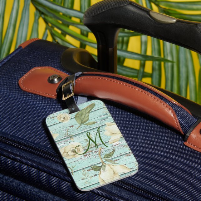 Green Aged Wood Monogram with Magnolias Luggage Tag (Front Insitu 1)