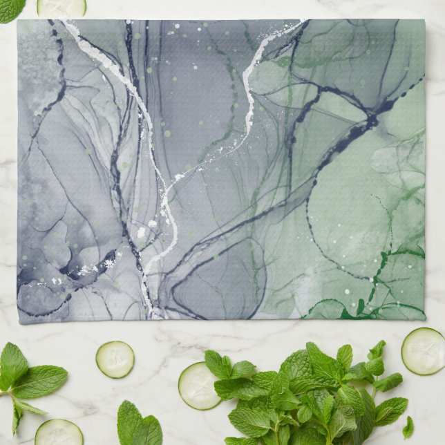 Green alcohol ink  tea towel (Folded)