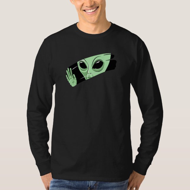 Green Alien Behind the Glass Peeking Alien Space U T-Shirt (Front)