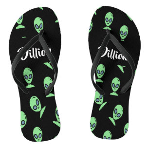 Green alien heads on black jandals
