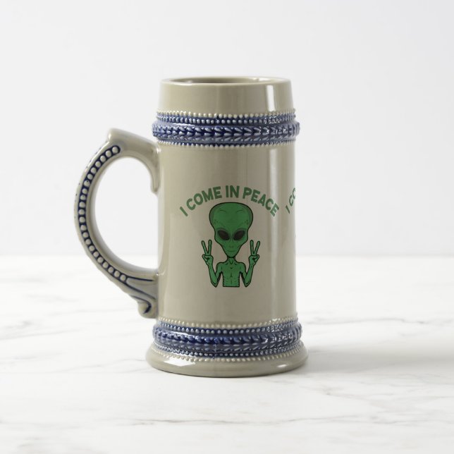 Green Alien I Come In Peace Extraterrestrial UFO Beer Stein (Left)