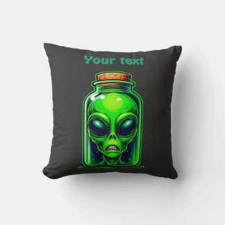 Green Alien in a Bottle Neon Sci-Fi Illustration Cushion