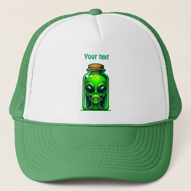 Green Alien in a Bottle Neon Sci-Fi Illustration Trucker Hat (Front)