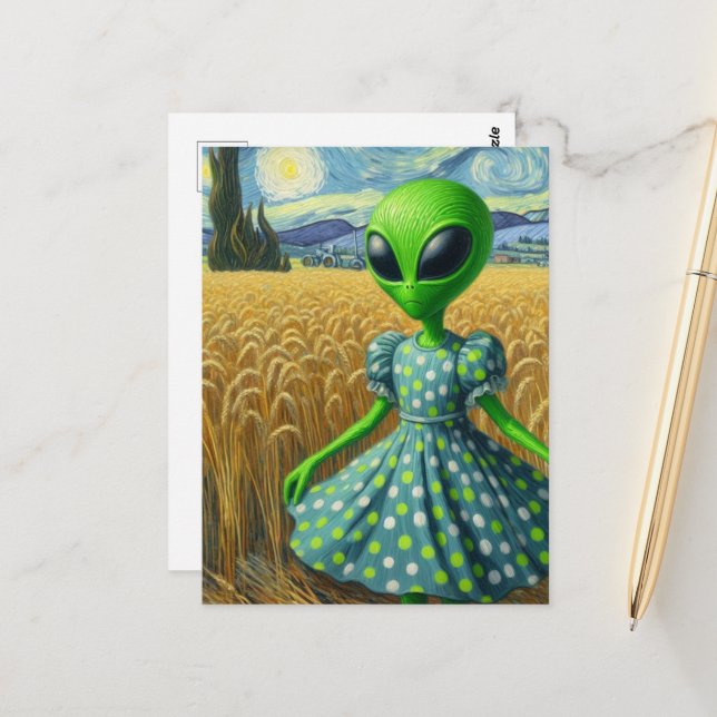 Green Alien in a Wheat Field Postcard (Front/Back In Situ)