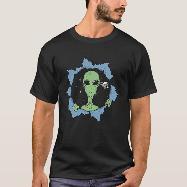 Green Alien Peeking from a Hole in the Space  Alie T-Shirt (Front)