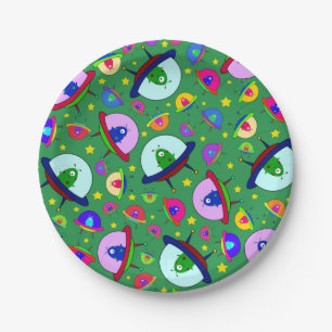 Green alien spaceship pattern paper plate
