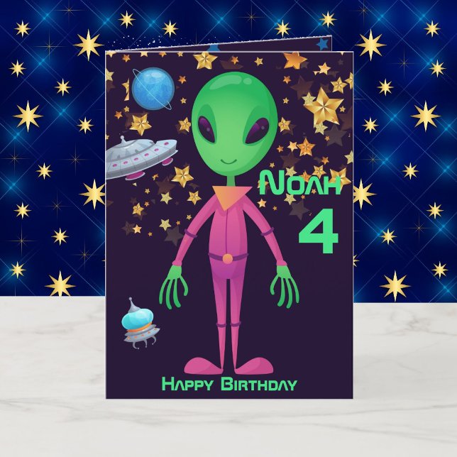 Green Alien UFO Add Name Age Birthday Card (Creator Uploaded)