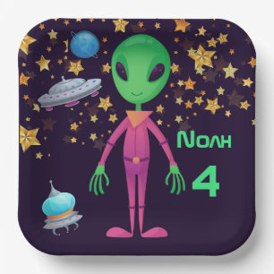 Green Alien UFO Add Name Age Birthday Paper Plate
