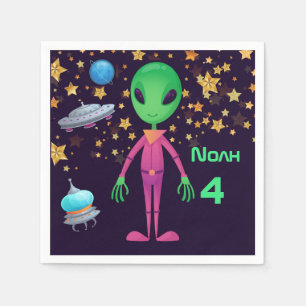 Green Alien UFO Add Name Age Birthday Party Napkin