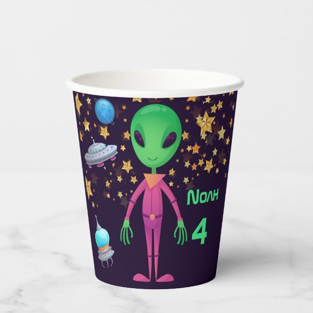 Green Alien UFO Add Name Age Birthday Party Paper Cups (Front)