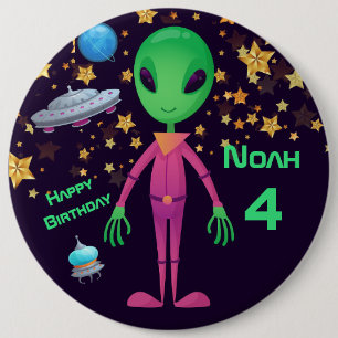 Green Alien UFO Add Name Birthday Button