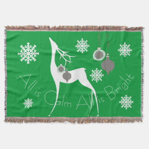 Green All is Calm All is Bright Deer Holiday Throw Blanket