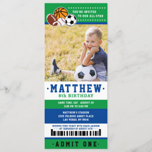 Green All Star Sport Ticket Birthday Party Photo Invitation