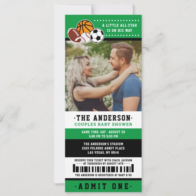 Green All Star Sport Ticket Couples Shower Photo Invitation (Front)