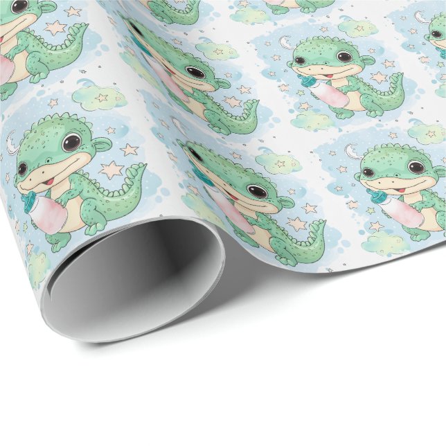 Green Alligator Baby Pastel Watercolor Pattern Wrapping Paper (Roll Corner)