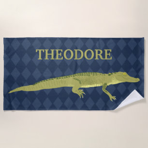 Green Alligator, Navy Blue Background Personalised Beach Towel